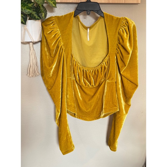 Free People Velvet Puff Sleeve Ruched Sweetheart Neckline Mustard Yellow Size S - Picture 3 of 6
